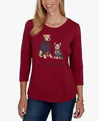 Ruby Rd. Petite Pawsitive Graphic Boat Neck 3/4-Sleeve Cotton-Blend T-Shirt