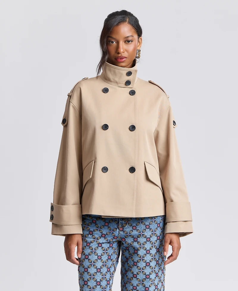 Avec Les Filles Women's Double-Breasted Short Trench Coat