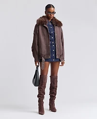 Avec Les Filles Women's Oversized-Fit Detachable Faux Fur Collar Bomber Coat