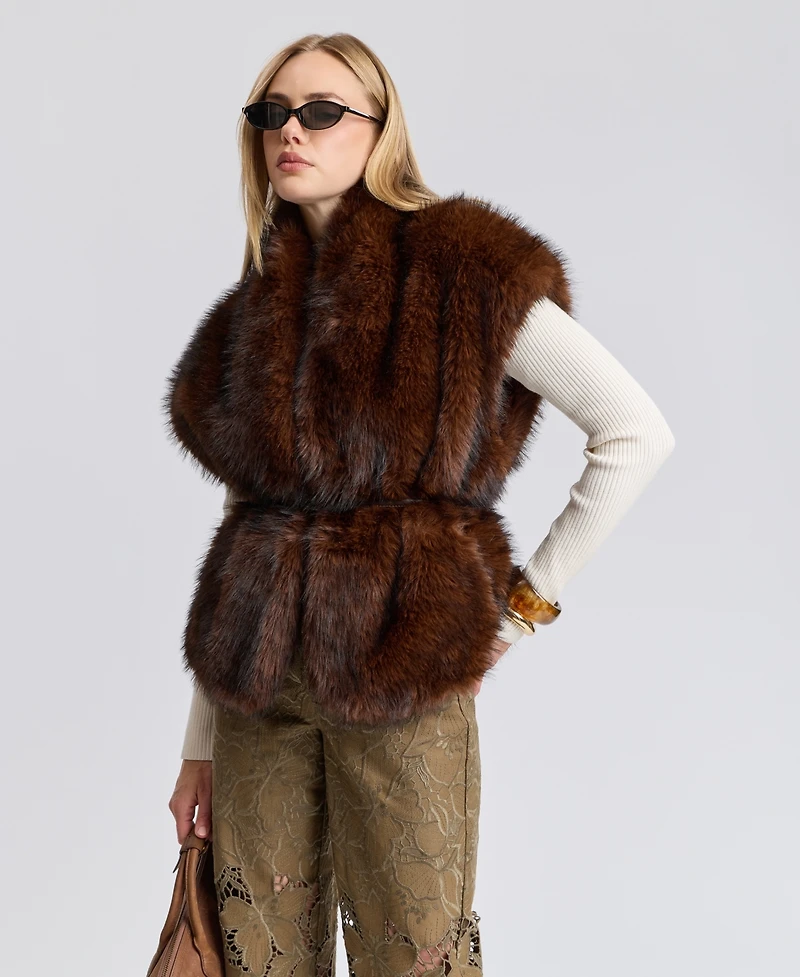 Avec Les Filles Women's Belted Faux Fur Shawl Collar Vest