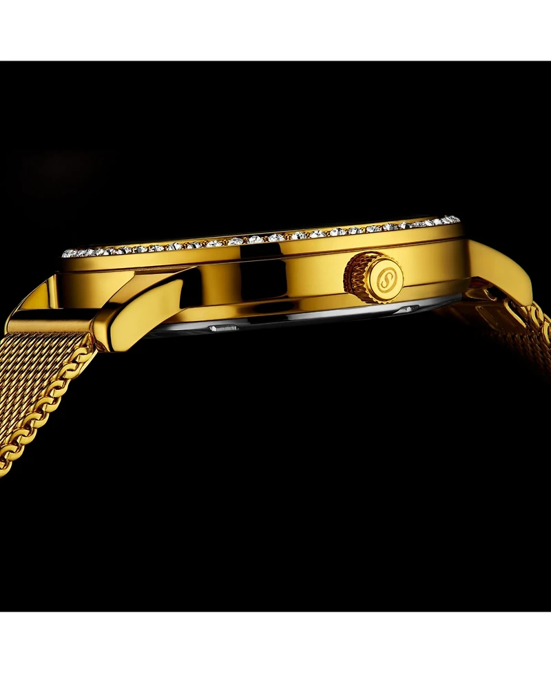 Stuhrling Women's Quartz Crystal Studded Gold Case and Gold Mesh Bracelet, Silver Dial, Gold Hands and Markers Watch