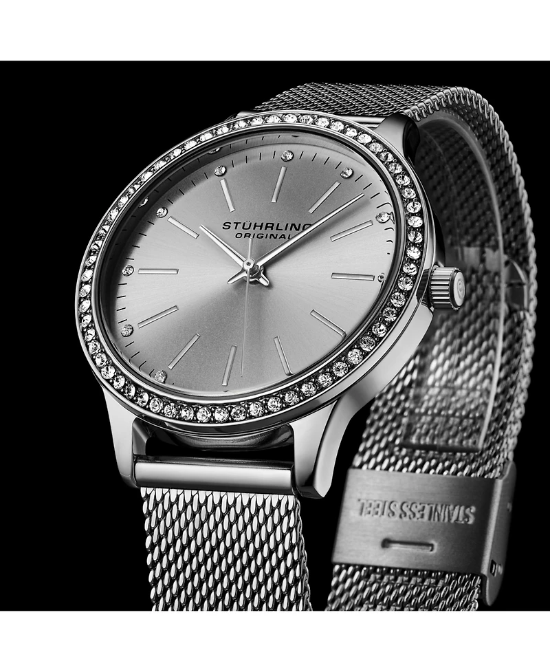 Women's Quartz Crystal Studded Silver Case and Silver Mesh Bracelet, Silver Hands and Markers Watch