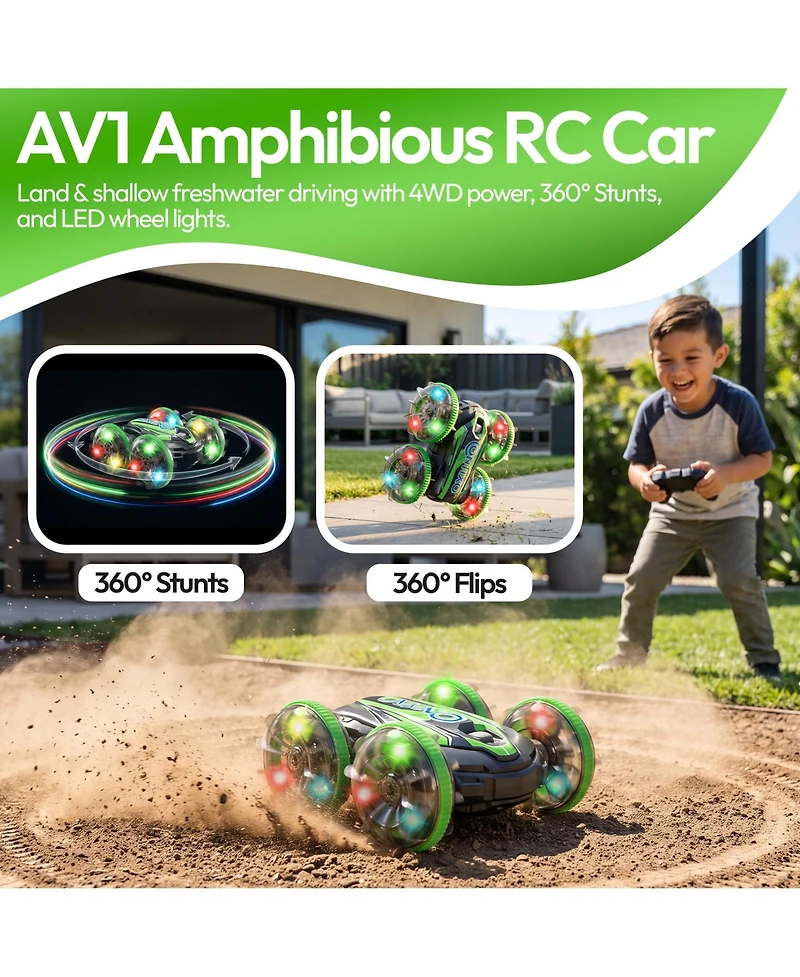 Contixo AV1 Amphibious 4WD Rc Stunt Car with Led Lights, Auto Demo and Usb-c Battery, Ages 6+