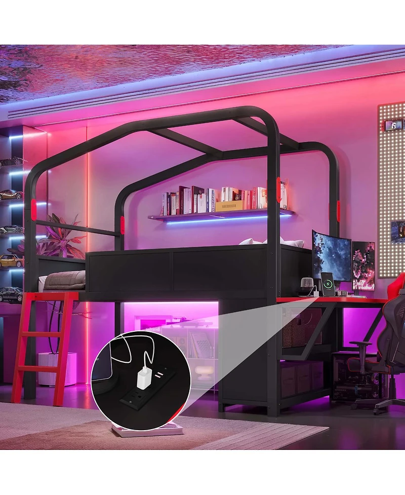 Streamdale Furniture Twin Size Low Loft Bed with Desk, Led Lights, Storage and Canopy