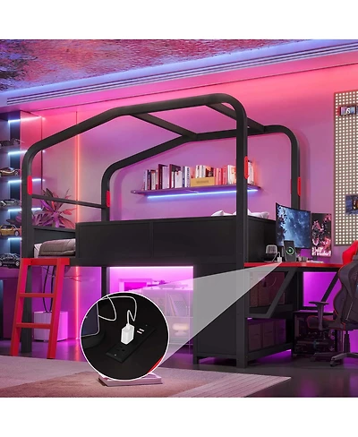 Streamdale Furniture Twin Size Low Loft Bed with Desk, Led Lights, Storage and Canopy