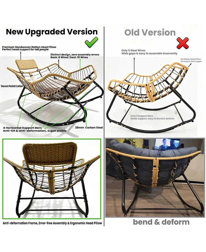 Streamdale Furniture Outdoor Papasan Wicker Rocking Chair with Thick Cushion and Head Pillow