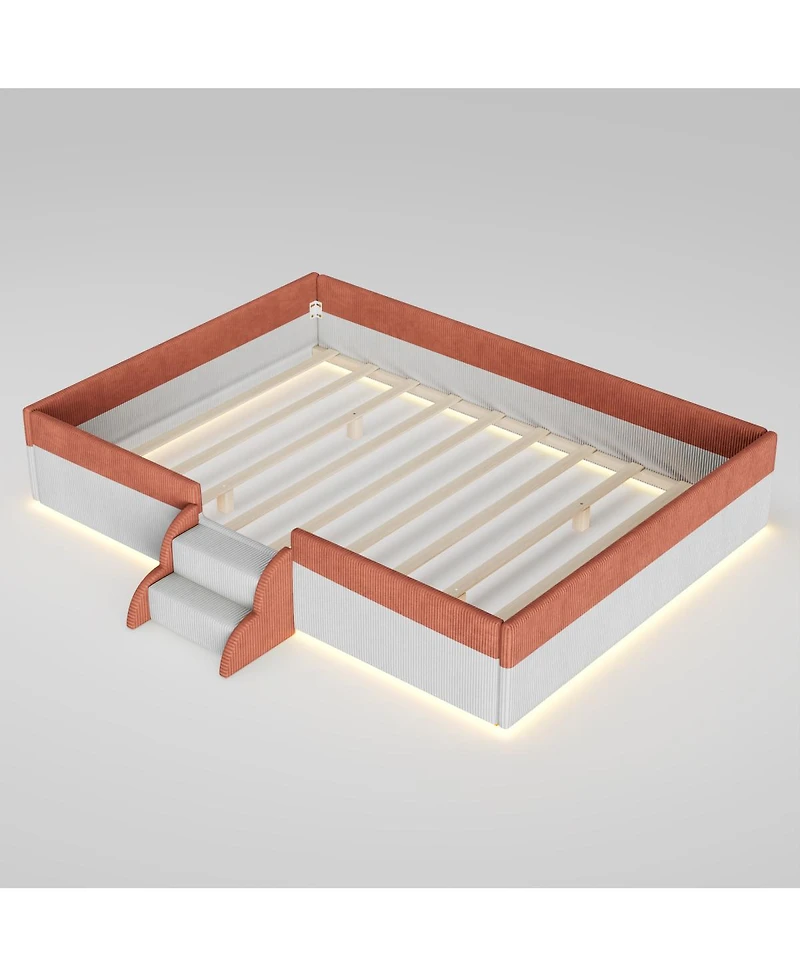 Streamdale Furniture Full Size Upholstered Floor Bed with Fence, Steps and Led Lights