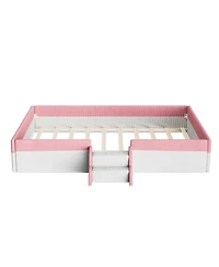Streamdale Furniture Full Size Upholstered Floor Bed with Fence, Steps and Led Lights
