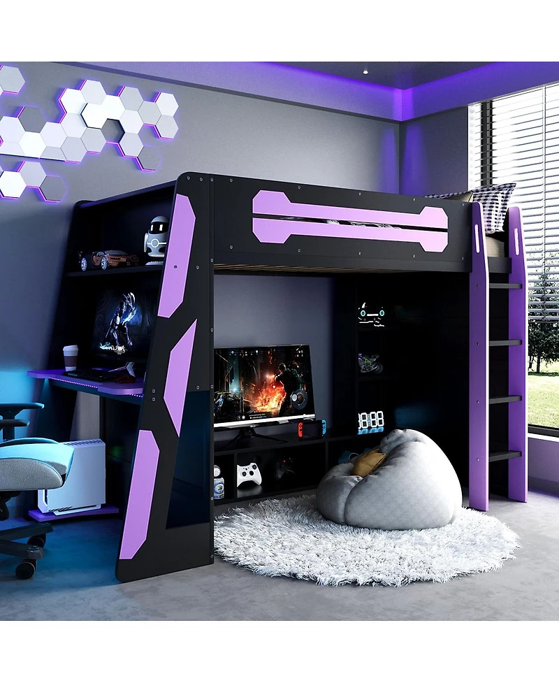 Streamdale Furniture Twin Size Wood Loft Bed with Desk, Multi-storage Shelves and Rgb Light