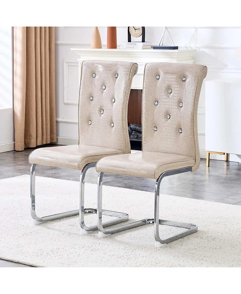 Flynama Set of 2 Retro Alligator Skin Pvc Dining Chairs, Crystal Buckle Chairs with Electroplated Metal Bow Legs