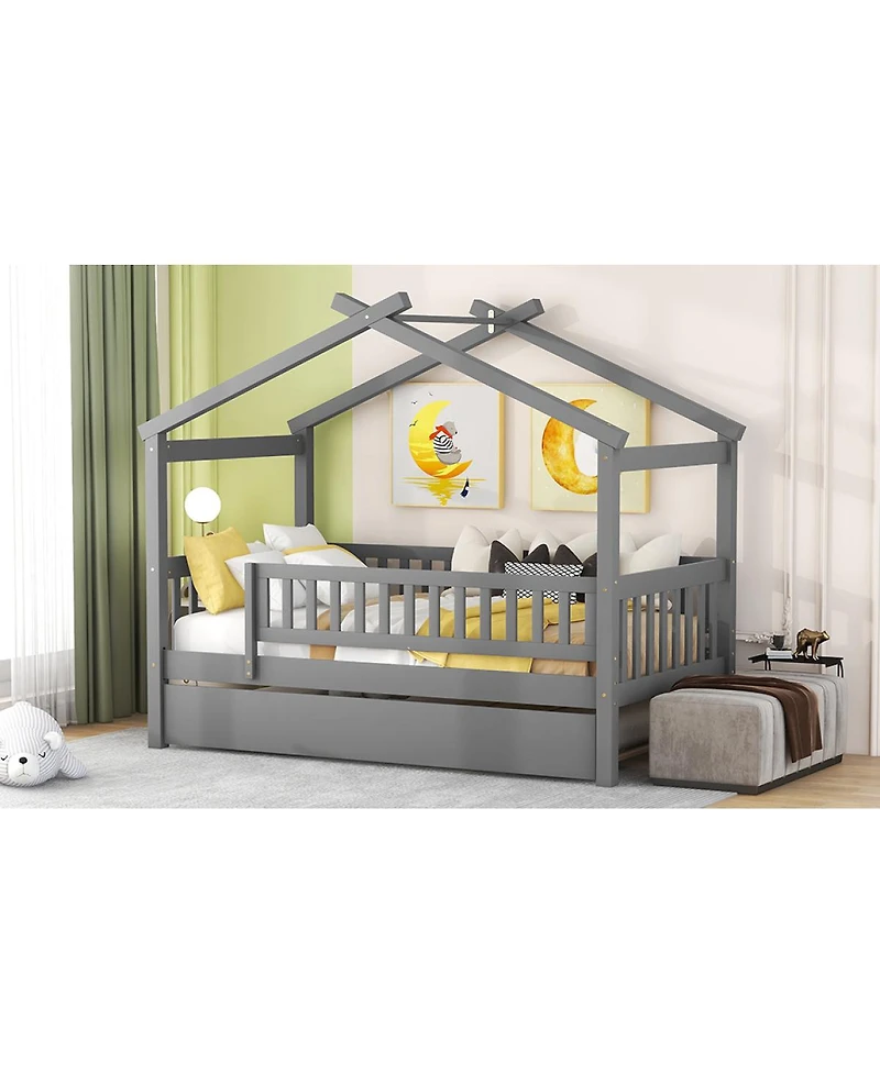 Streamdale Furniture Twin Size Wooden House Bed with Twin Size Trundle