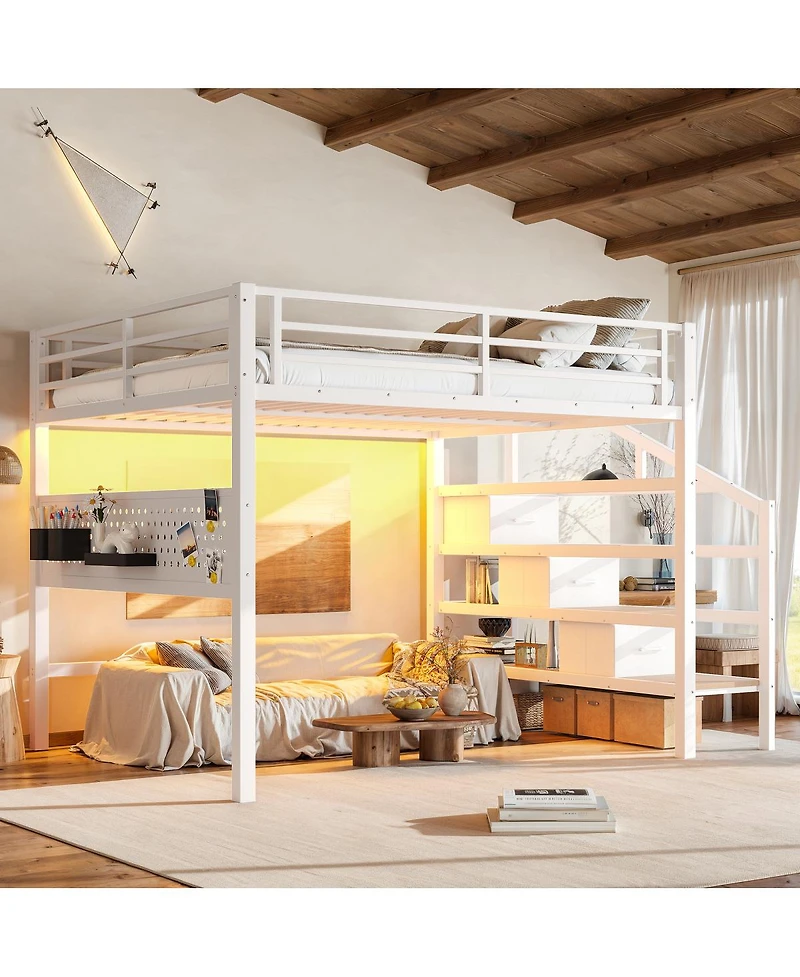 Streamdale Furniture Queen Metal Loft Bed with Desk, Stairs, Usb, Led and Storage