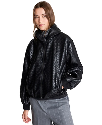 Kenneth Cole Women's Hooded Faux-Leather Basketweave Bomber Jacket
