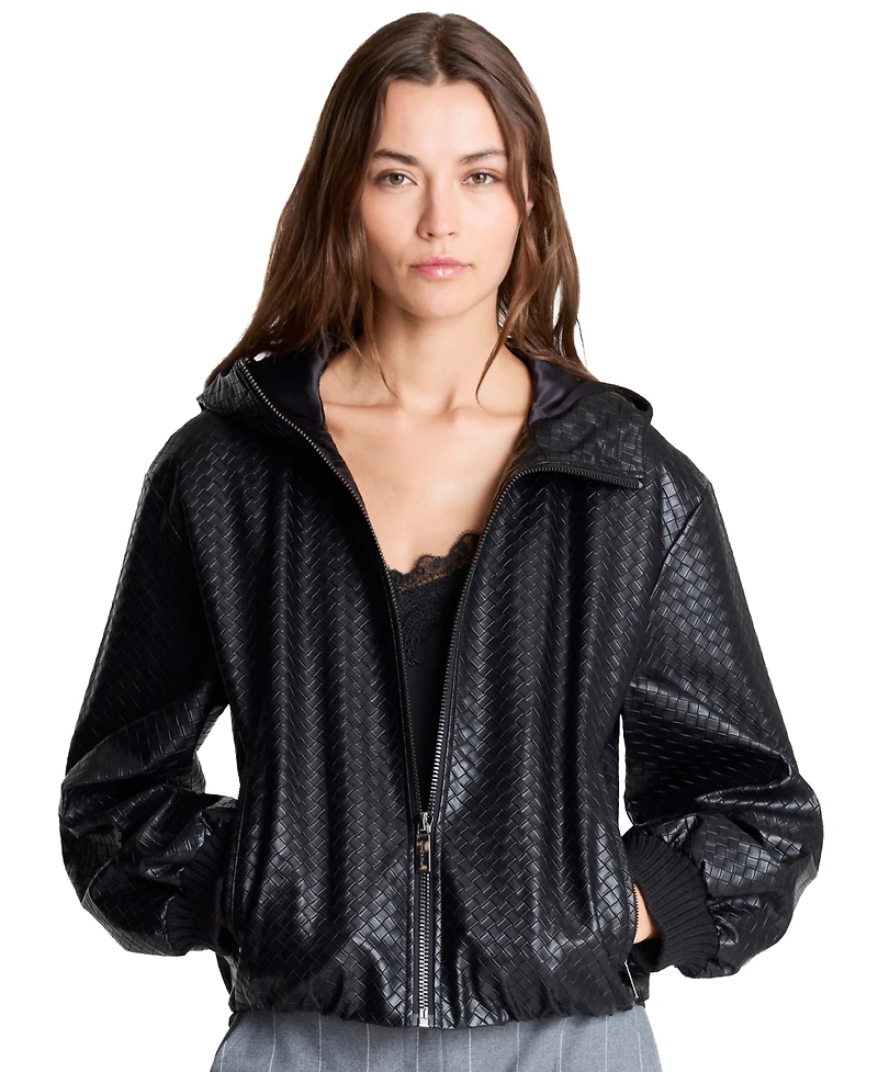Kenneth Cole Women's Hooded Faux-Leather Basketweave Bomber Jacket