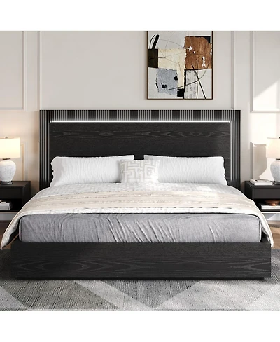 Streamdale Furniture Platform Bed Frame with Headboard and Led Light, Wood Slat Support, Queen