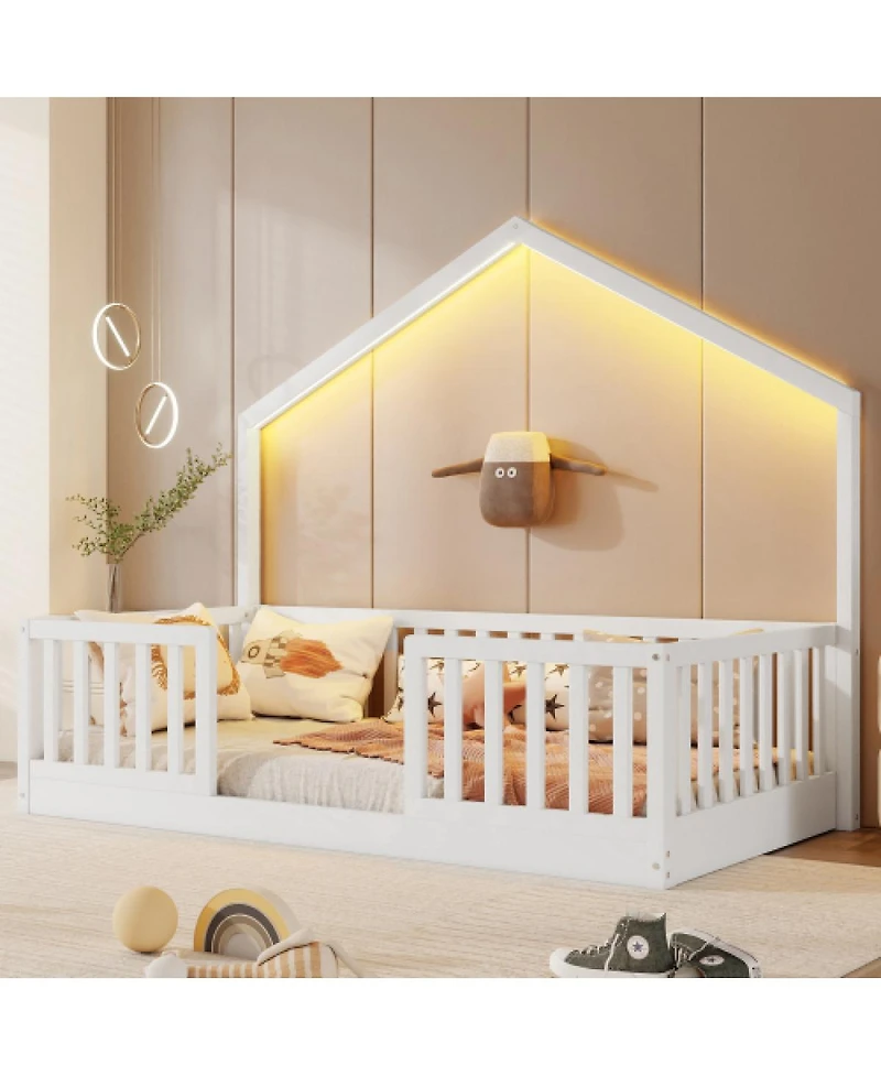 Streamdale Furniture Twin Floor Bed with High Rails and Light for Kids