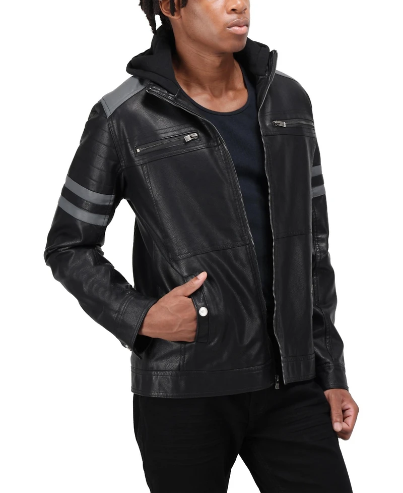 X-Ray Men's Grainy Polyurethane Leather Hooded Jacket with Faux Shearling Lining