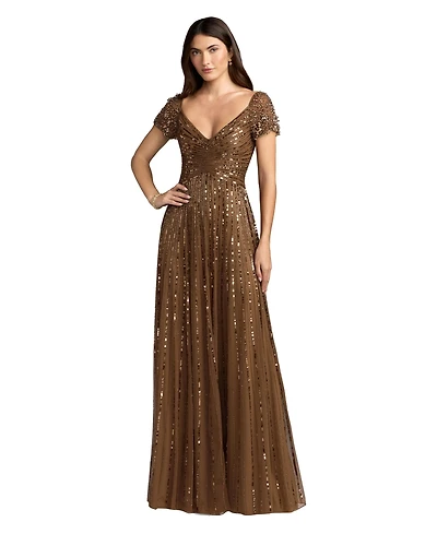 Mac Duggal Women's Beaded Cap Sleeve V-Neck A-Line Evening Gown