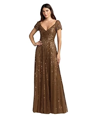 Mac Duggal Women's Beaded Cap Sleeve V-Neck A-Line Evening Gown