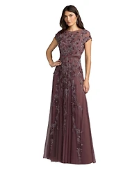 Mac Duggal Women's Floral Embellished Short Sleeve Mesh Gown