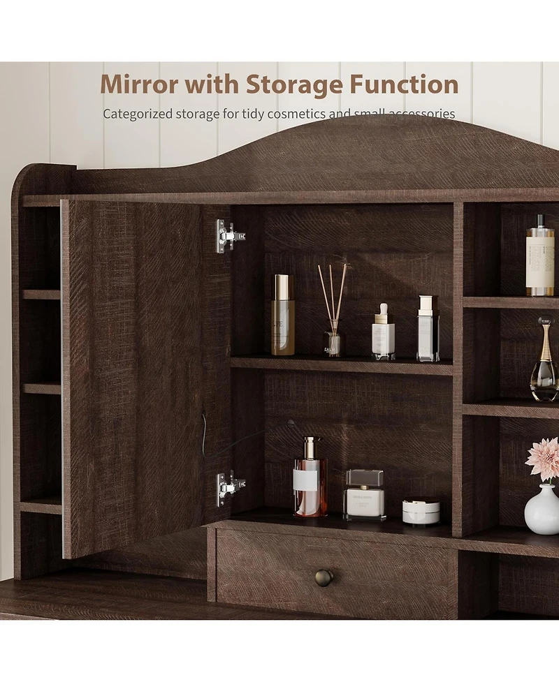 47.2" Makeup Vanity Desk with Lighted Mirror, Stool, 10 Drawers and Charging Station,Dark Brown