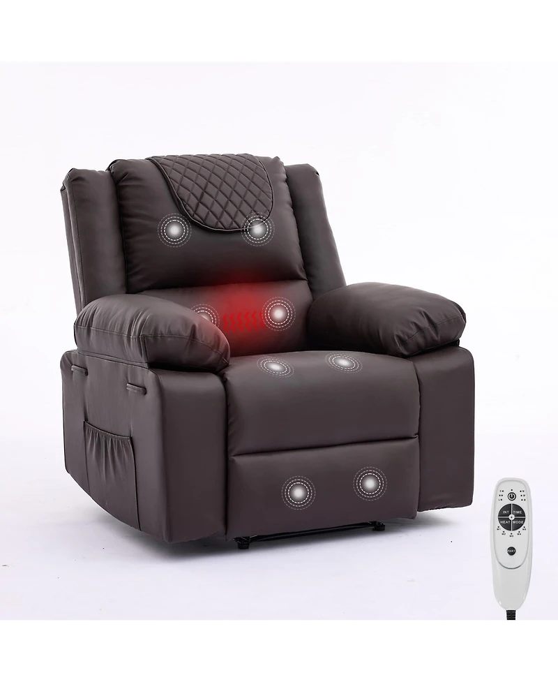 Manual Recliner Chair for Adults Heat Massage, 135 degrees Adjustable Backrest Pu Leather Wide-Seat Lounge Armchair with Side Pockets for Living Room