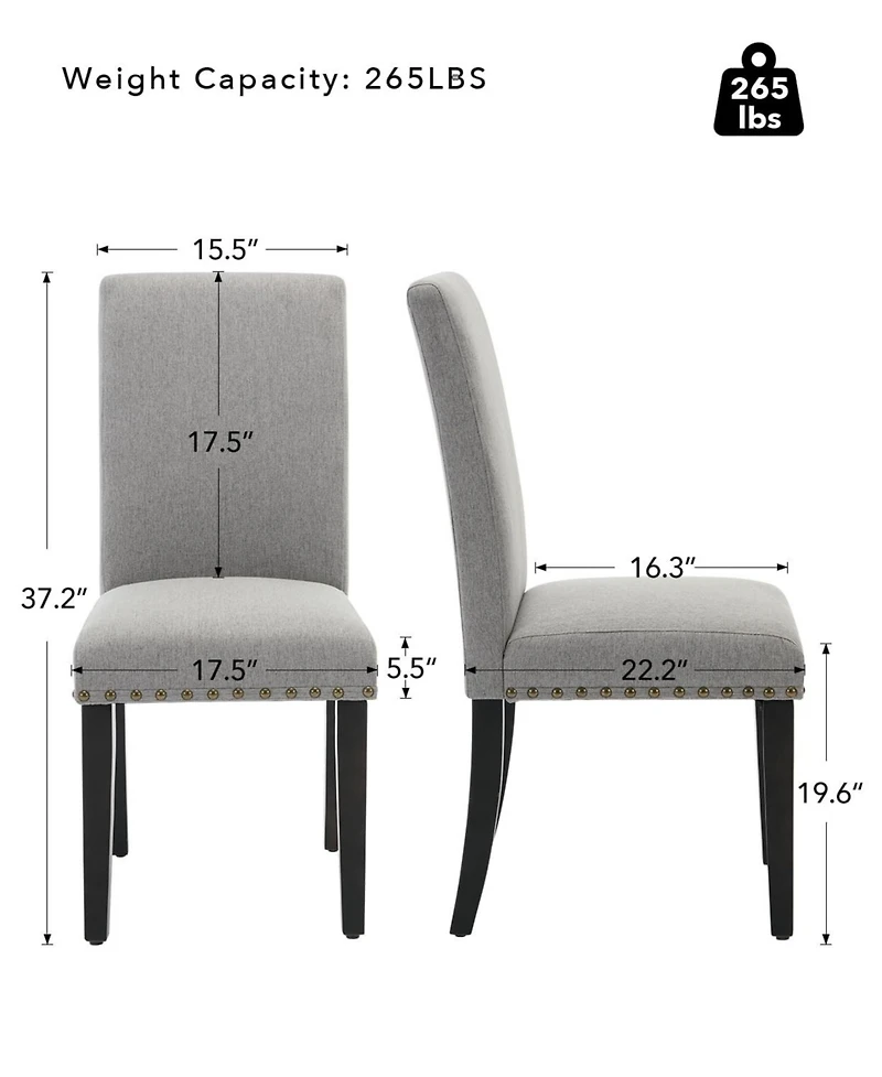 Modern Grey Linen Dining Chairs 6-Pack Nailhead Trim Padded Seat Solid Wood Legs Non-Slip Floor Pads for Home Restaurant