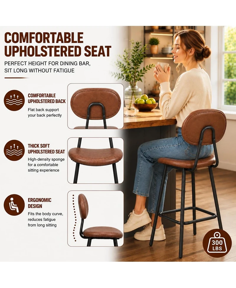 Set of 2 Bar Stools 43" Counter Height Faux Leather High Backrest with Metal Legs and Footrest for Kitchen Island Bar Dining Room Dark Brown