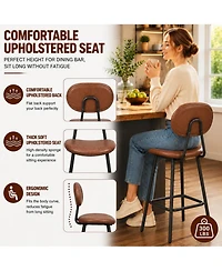 Set of 2 Bar Stools 43" Counter Height Faux Leather High Backrest with Metal Legs and Footrest for Kitchen Island Bar Dining Room Dark Brown