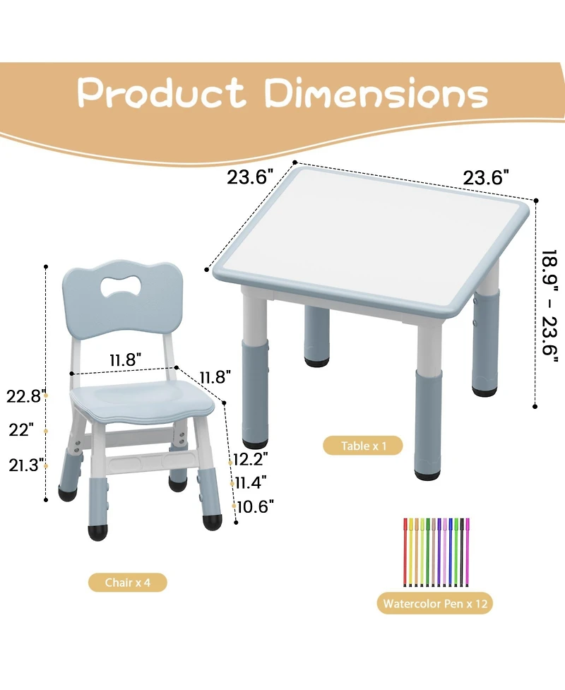Kids Table and 4 Chairs Set Height Adjustable with Graffiti Desktop Non-Slip Legs Easy Clean Activity Desk for Toddlers Daycare Study Area Home