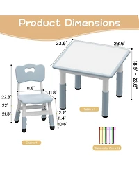 Kids Table and 4 Chairs Set Height Adjustable with Graffiti Desktop Non-Slip Legs Easy Clean Activity Desk for Toddlers Daycare Study Area Home