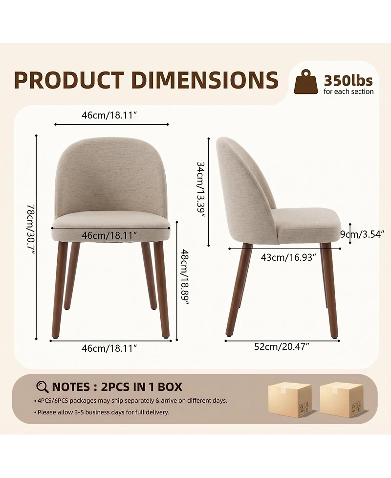 Wooden Dining Chairs Set of 2, Modern Fabric Dining Chairs, Upholstered Chairs with Wood Legs, Curved Thick Backrest for Kitchen Dining Room