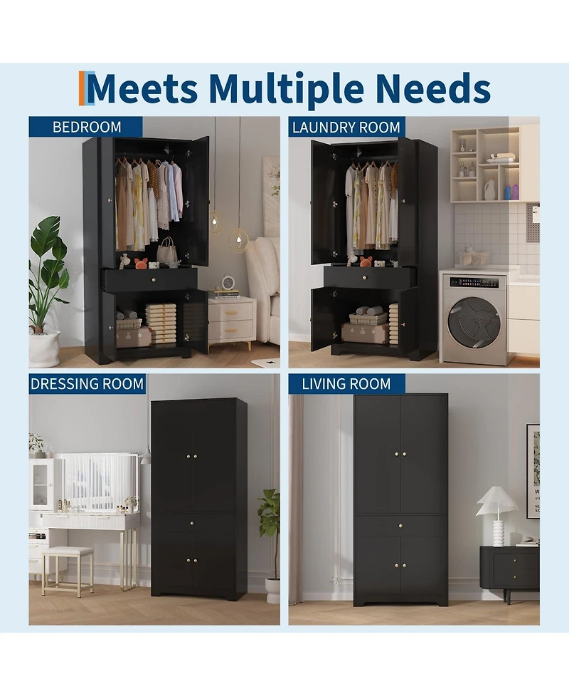 71" Modern Wooden Armoire Wardrobe with Drawer, 4 Doors and Adjustable Shelves,BlackandWhite