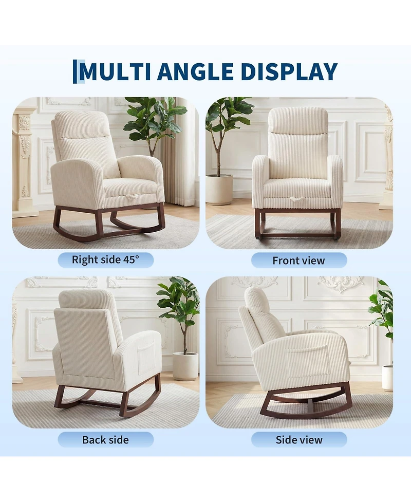 Nursery Glider Rocking Chair with Adjustable High Back, Side Pocket, Stuffed Animal Upholstered Nursing Rocker with Solid Wood Base for LIving Room