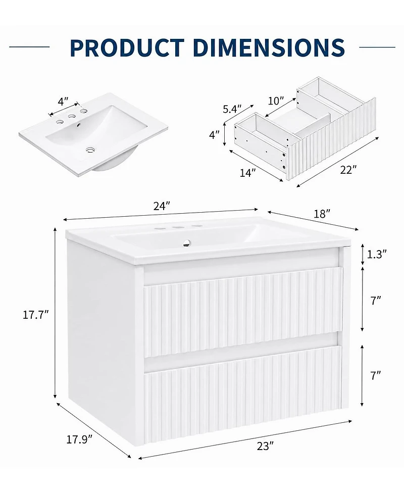 Wall Vanity 24 Inch Fluted 2 Drawer Bathroom Cabinet with Ceramic Sink 4" 3 Hole Floating Mount for Modern Bathroom
