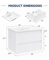 Wall Vanity 24 Inch Fluted 2 Drawer Bathroom Cabinet with Ceramic Sink 4" 3 Hole Floating Mount for Modern Bathroom