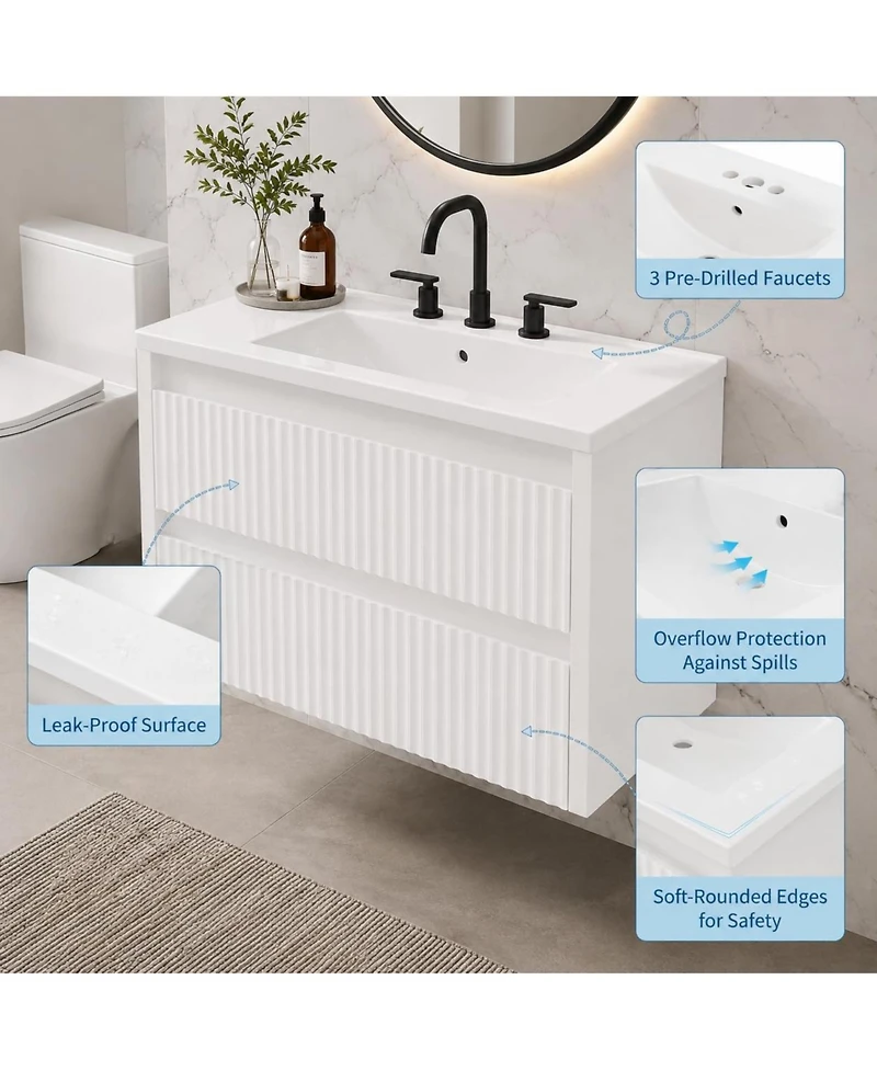 Wall Vanity 24 Inch Fluted 2 Drawer Bathroom Cabinet with Ceramic Sink 8" 3 Hole Floating Mount for Modern Bathroom