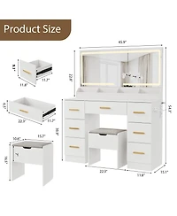 Makeup Vanity Desk with Led Lighted Mirror, Drawers, Cushioned Storage Stool, Built-in Charging Station, Dressing Table for Bedroom