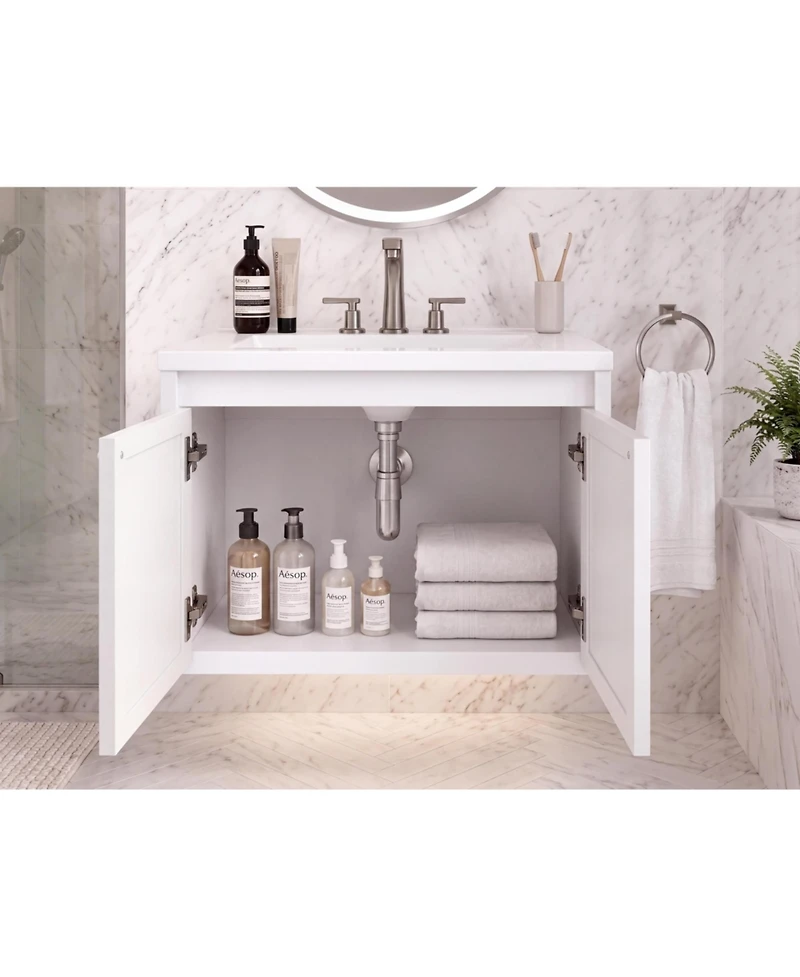 Wall Mounted Vanity with Sink 24 Inch Wood Fluted 2 Door Bathroom Cabinet 4" 3 Hole Ceramic Sink for Small Modern Bathroom