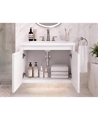 Wall Mounted Vanity with Sink 24 Inch Wood Fluted 2 Door Bathroom Cabinet 4" 3 Hole Ceramic Sink for Small Modern Bathroom
