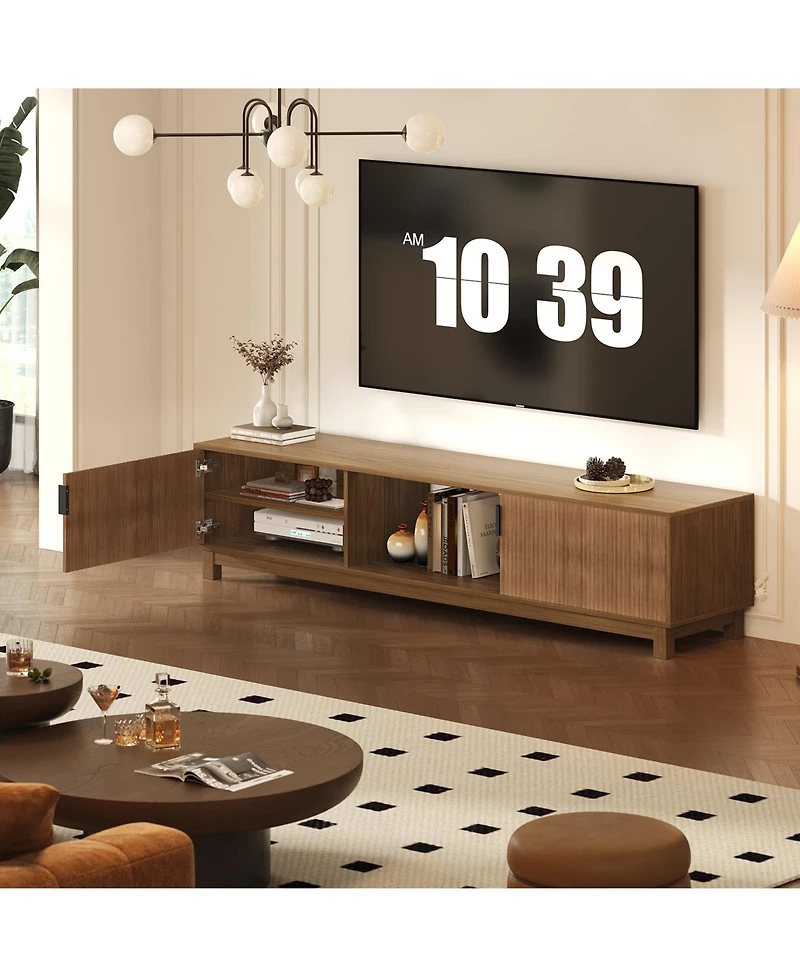 70" Fluted Mid-Century Tv Stand for TVs up to 80", Storage and Adjustable Shelves, Brown