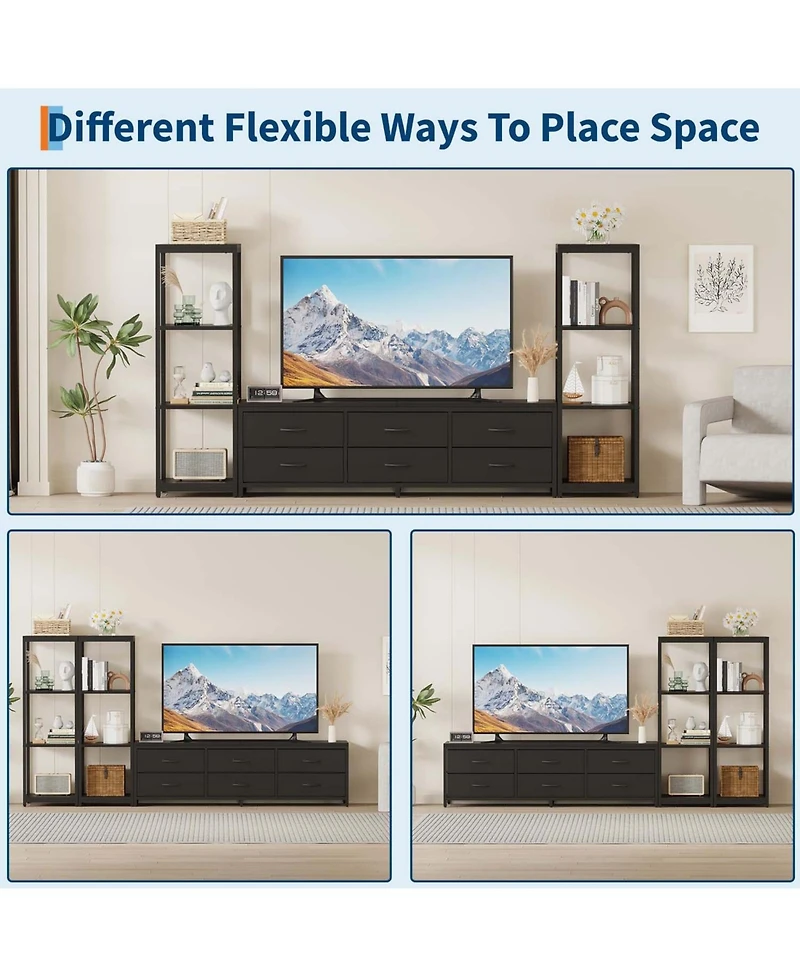 Large Tv Stand with Drawers and Bookshelves Entertainment Center Storage Media Console for TVs Up to 75 Inches Wall Unit Cabinet Living Room Black