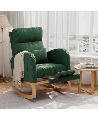 Rocking Chair with Footrest Corduroy Upholstered Glider with Side Pocket and Pillow Ergonomic for Bedroom Living Room Nursing Room Light Brown
