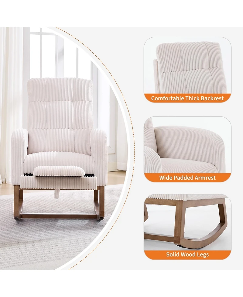 Upholstered Nursery Rocking Chair Glider Rocker Recliner w/Footrest, Side Pocket and Usb Port and Footrest, High Backrest Rocker Recliner for Nursery