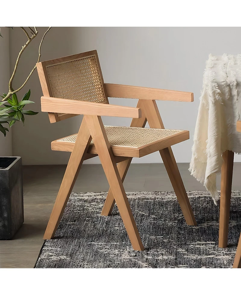 Flynama Modern Mid Century Rattan Accent Dining Chair with Armrests, Wood Finish for Living Room and Dining Room