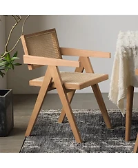 Flynama Modern Mid Century Rattan Accent Dining Chair with Armrests, Wood Finish for Living Room and Dining Room