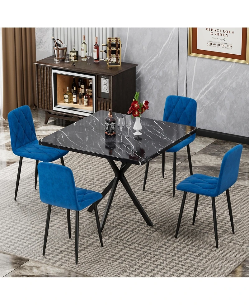 Flynama Square Dining Table Set for 4, Modern Faux Marble Dining Table with 4 Pu Chairs, Mdf Top and Iron Legs, Space Saving Kitchen Dining Set