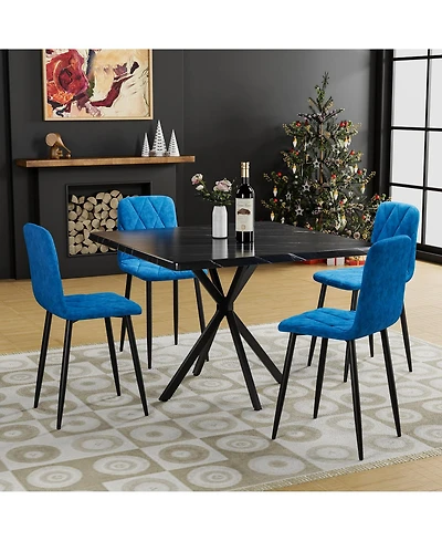 Flynama Square Dining Table Set for 4, Modern Faux Marble Dining Table with 4 Pu Chairs, Mdf Top and Iron Legs, Space Saving Kitchen Dining Set
