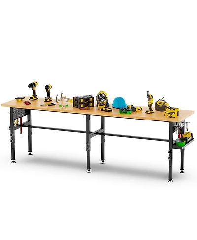 Streamdale Furniture 96" Adjustable Solid Wood Workbench with Power Outlet and Pegboard