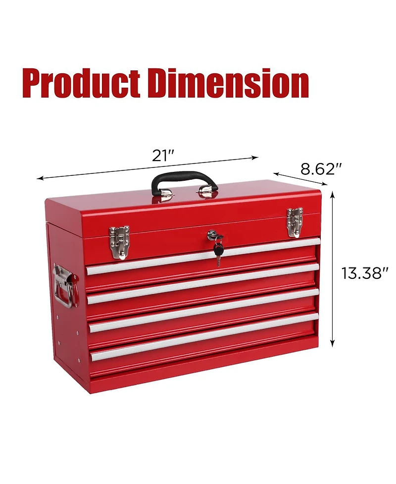 Streamdale Furniture 21" Heavy-Duty 4-Drawer Portable Metal Tool Box with Ball Bearing Slides